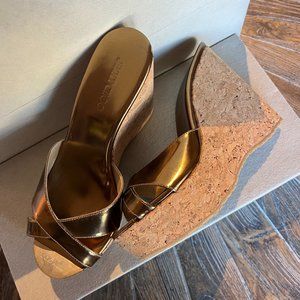 Jimmy Choo Designer Gold Metallic Cork Platform Wedges